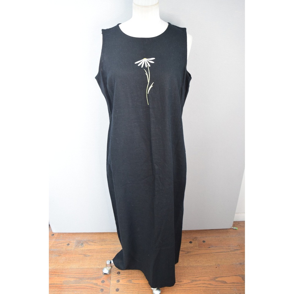 Linen Blend Maxi Dress 12 Black Embroidered Daisy Sleeveless Shift Morgan 90s